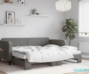 Pat de zi cu extensie și saltele, gri închis, 90x200 cm, textil
