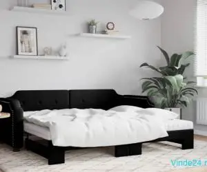 Pat de zi cu extensie și saltele, negru, 90x190 cm, textil