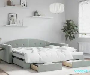 Pat de zi cu extensie și sertare gri deschis 100x200 cm catifea