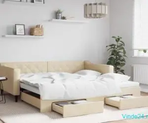 Pat de zi cu extensie și sertare, crem, 100x200 cm, textil