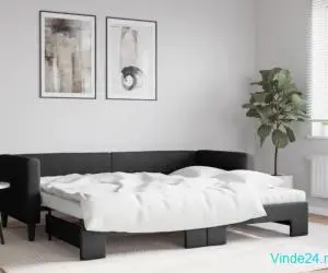 Pat de zi cu extensie și saltele, negru, 80x200 cm, textil