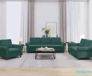 Set de canapele cu perne, 3 piese, verde închis, catifea