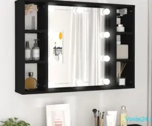 Dulap cu oglindă și LED, negru, 76x15x55 cm