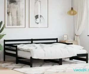 Pat de zi cu extensie, negru, 90x200 cm, lemn masiv de pin