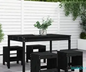 Set de masă pentru grădină, 5 piese, negru, lemn masiv de pin