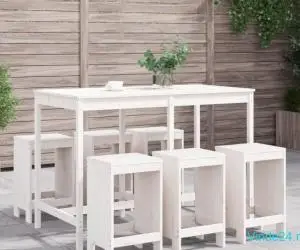 Set bar de grădină, 7 piese, alb, lemn masiv de pin