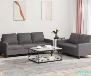 Set de canapele cu perne, 2 piese, gri, piele ecologică