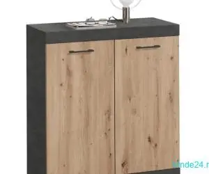 FMD Comodă cu 2 uși, gri și stejar artizanal, 80x34,9x89,9 cm