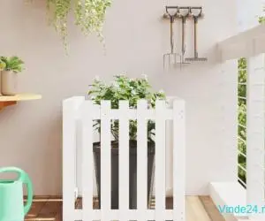 Jardinieră grădină design gard, alb, 70x70x70 cm lemn masiv pin