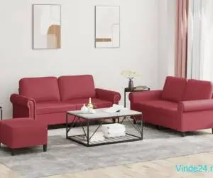 Set de canapele cu perne, 3 piese, roșu vin, piele ecologică