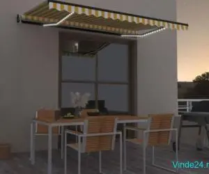 Copertină automată cu senzor vânt&LED, galben&alb, 450x300 cm