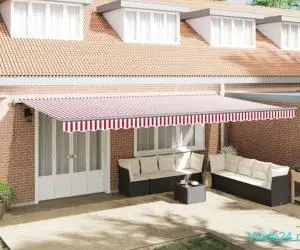 Marchiză Retractabilă Automată cu LED Dungi Roșii și Albe 600x300 cm