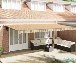 Marchiză retractabilă manuală cu dungi LED multicolore 600x300 cm