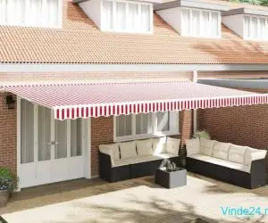 Marchiză manuală retractabilă cu dungi roșii și albe 600x350 cm