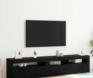 Suporturi TV 2 buc cu lumini LED Stejar Negru Lemn Ingineresc