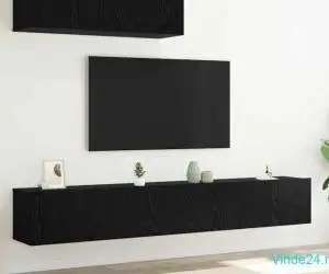Set dulap TV cu 3 piese montat pe perete din stejar negru, lemn prelucrat