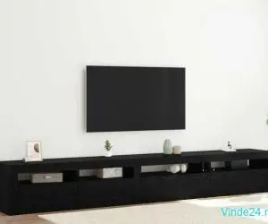 Set cabinet TV de 3 piese cu lumini LED stejar negru lemn prelucrat