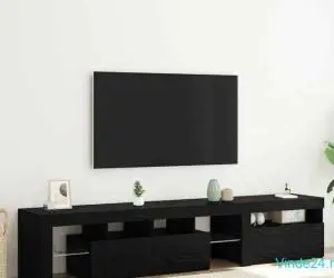 Cabinete TV 2 piese cu Lumini LED din Stejar Negru și Lemn Ingineresc