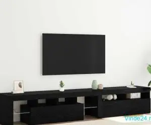 Cabinete TV 2 pcs cu LED-uri Stejar Negru Lemn Ingineresc