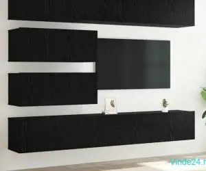 Set de 6 piese pentru TV, montat pe perete, din lemn de stejar negru