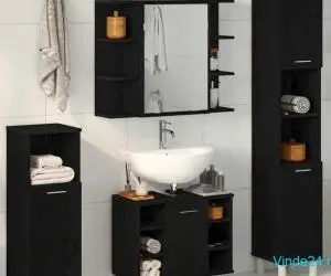 Set de mobilier pentru baie 4 piese, stejar negru din lemn prelucrat