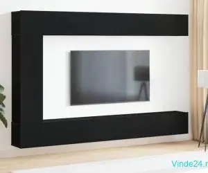 Set de 7 piese pentru biblioteca TV - montat pe perete, lemn de stejar negru