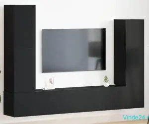 Set de mobilier pentru TV din 4 piese, montat pe perete, negru și stejar, din lemn prelucrat.