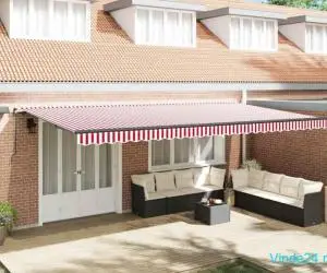 Marchiză retractabilă manuală cu LED Dungi Roșii și Albe 600x300 cm
