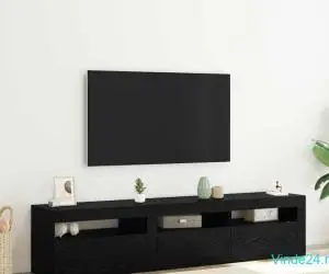 Cabinete TV 2 pcs cu lumini LED Stejar negru Lemn prelucrat