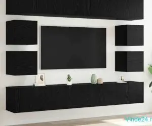 Set de dulap TV din 8 piese – Suspendat, din lemn ingineresc negru