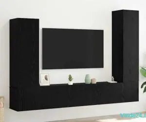Set de 4 piese pentru cabinet TV suspendat, stejar negru, lemn prelucrat