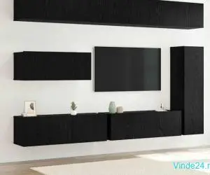 Set de 7 piese pentru dulap TV - Montabil pe perete - Lemn de stejar negru