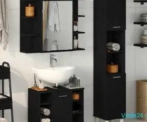 Set de mobilier pentru baie , 3 piese, Stejar negru, Lemn de inginerie