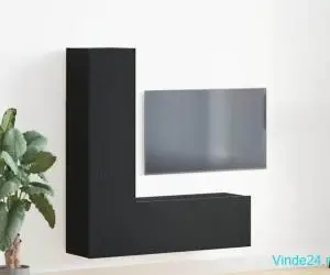 Set de dulapuri TV de 3 piese în Negru Stejar, din lemn prelucrat.