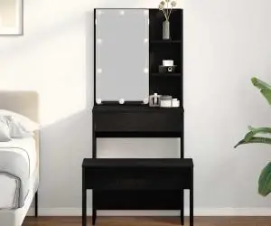 Set de mese de toaletă vidaXL cu LED din lemn prelucrat stejar negru