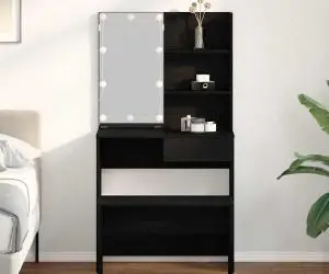 Set de mese de toaletă vidaXL cu LED - Stejar negru, Lemn prelucrat