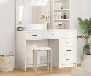 vidaXL Set masă de toaletă cu LED, 2 piese, alb, lemn prelucrat