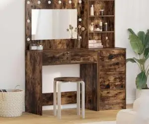 vidaXL Set masă toaletă cu LED, 2 piese, stejar fumuriu lemn prelucrat