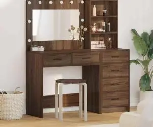 vidaXL Set masă toaletă cu LED, 2 piese, stejar negru, lemn prelucrat