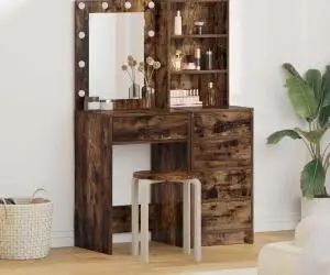 vidaXL Set masă toaletă cu LED, 2 piese, stejar fumuriu lemn prelucrat