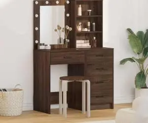 vidaXL Set masă toaletă cu LED, 2 piese, stejar negru, lemn prelucrat