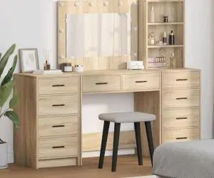 vidaXL Set masă toaletă cu LED, 3 piese, stejar sonoma, lemn prelucrat