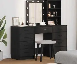 vidaXL Set masă toaletă cu LED, 3 piese, negru, lemn prelucrat