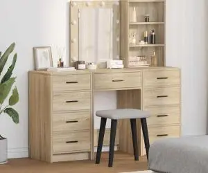 vidaXL Set masă toaletă cu LED, 3 piese, stejar sonoma, lemn prelucrat