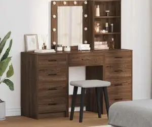 vidaXL Set masă toaletă cu LED, 3 piese, stejar negru, lemn prelucrat
