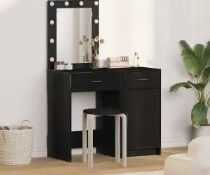 vidaXL Set masă toaletă cu LED, 2 piese, negru, lemn prelucrat