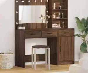 vidaXL Set masă toaletă cu LED, 2 piese, stejar negru, lemn prelucrat