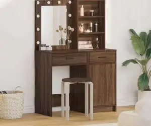 vidaXL Set masă toaletă cu LED, 2 piese, stejar negru, lemn prelucrat
