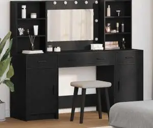 vidaXL Set masă toaletă cu LED, 3 piese, negru, lemn prelucrat