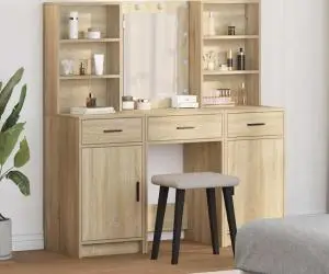 vidaXL Set masă toaletă cu LED, 3 piese, stejar sonoma, lemn prelucrat